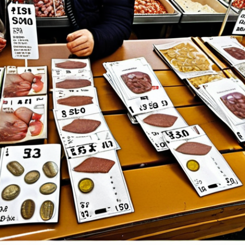 A lively Finnish market stall with clear price tags in Euros (e.g., "15€", "3,50€"), where the person is confidently asking about prices.