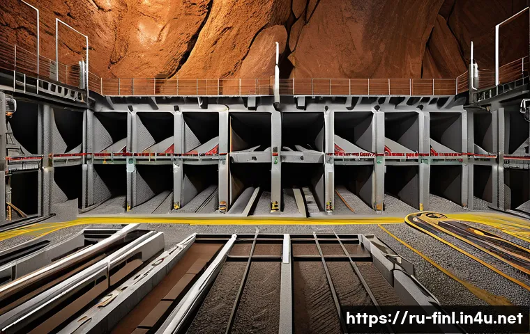 핀란드 세계 최초 고준위 방사성 폐기물 처리장 - A highly detailed cross-sectional illustration of a deep geological repository for radioactive waste...