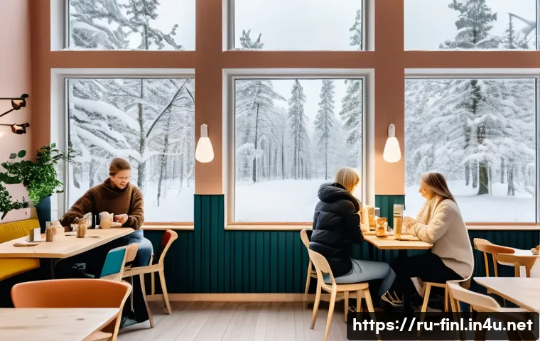 핀란드 채식주의자 비율과 이유 - A cozy Finnish vegetarian caf&eacute; interior during daytime, with diverse customers of all ages enjoying ...