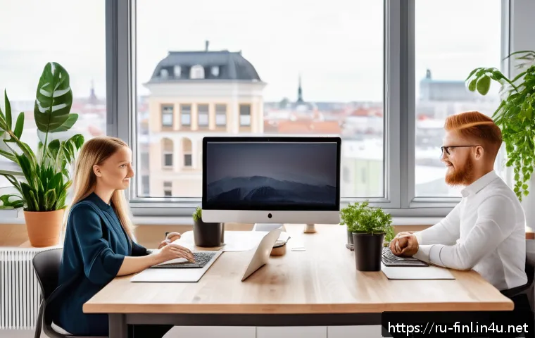 핀란드에서 창업하는 방법 - A modern Finnish startup office interior scene showing a diverse group of young professionals collab...