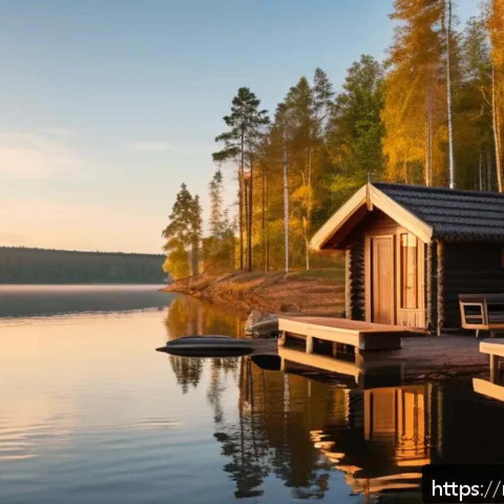 핀란드 국민 행복지수 이유 - A serene Finnish lakeside scene during early autumn, featuring a small group of adults enjoying a tr...