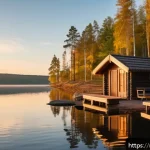 Home 18 핀란드 국민 행복지수 이유 - A serene Finnish lakeside scene during early autumn, featuring a small group of adults enjoying a tr...