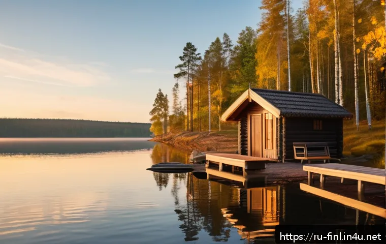 핀란드 국민 행복지수 이유 - A serene Finnish lakeside scene during early autumn, featuring a small group of adults enjoying a tr...