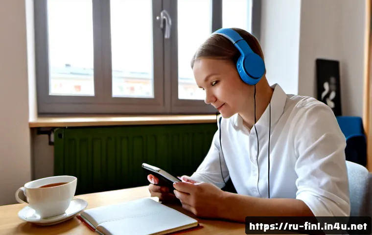 Home 17 핀란드어 기초 회화 - Photorealistic cozy study scene for beginner Finnish conversation learning, a Russian-speaking adult...