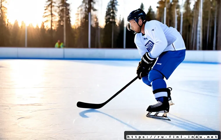 핀란드에서 인기 있는 스포츠 - Photorealistic winter ice hockey scene in Finland, a skilled adult player in plain blue and white pr...
