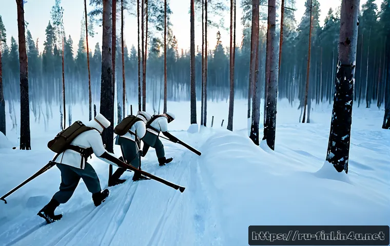 핀란드 소련 전쟁 겨울 전쟁  분석 - Photorealistic winter battlefield analysis scene, Finnish soldiers in white snow camouflage and wool...